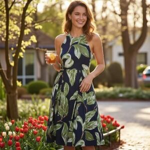 Ann Taylor Factory Dress Womens 6 Blue Green Leaf Halter Fit Flare Summer Casual